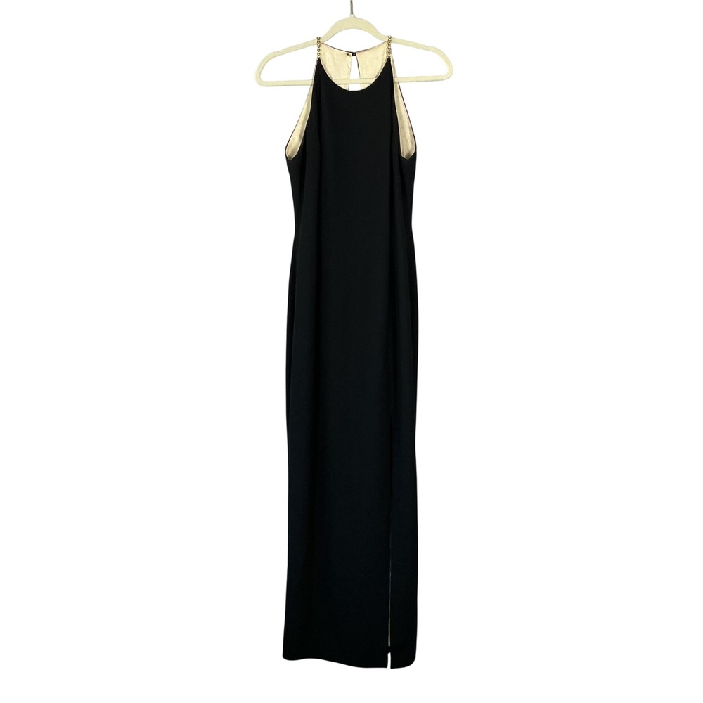 Maggy London Black Halter Gown Gold Chain Straps Keyhole Back Slit Size 8